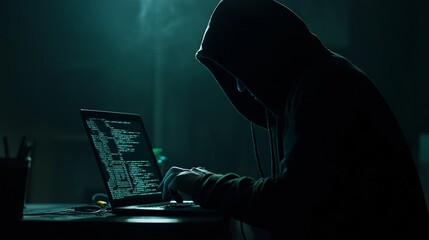 Fototapete - Hacker is programming on a laptop in a dark room