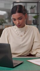 Aufkleber - Business, laptop and woman in office, online reading or distribution with stock inventory. Person, employee or consultant with pc, logistics or research for global import or website with supply chain