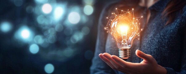 Leinwandbilder - Innovative businesswoman holding a glowing light bulb with connection lines, representing new ideas and creativity