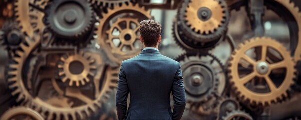 Aufkleber - Businessman in a suit ponders the intricate business machinery while standing before giant cogwheels
