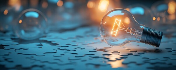 Poster - Light bulb is glowing on top of puzzle pieces symbolizing problem solving and new ideas