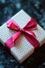 Poster - White gift box with pink polka dots wrapped with pink ribbon lying on dark surface
