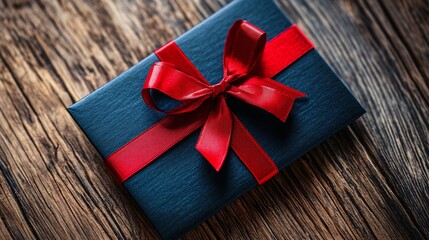 Wall Mural - Elegant blue gift box with a red ribbon is laying on a rustic wood table, suggesting a special occasion like christmas or a birthday