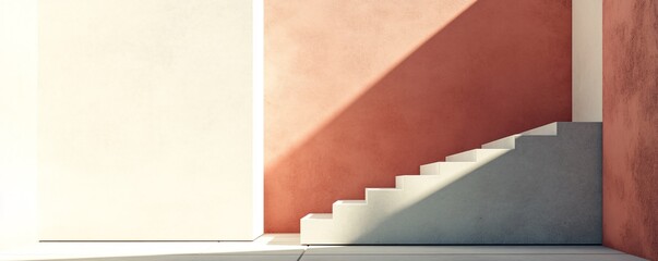Aufkleber - Sunlight creating angular shadows on a contemporary staircase design against a red backdrop