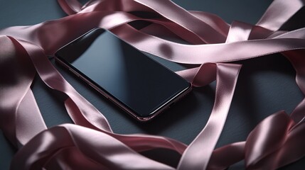Poster - Table with a smartphone surrounded by pink ribbons