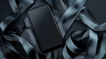 Poster - Modern smartphone with blank screen lying on dark blue satin ribbons as elegant background