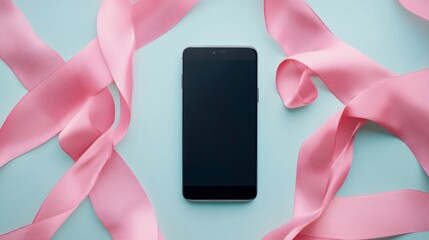 Poster - Modern smartphone with blank screen surrounded by pink ribbons on a blue background