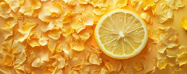 Poster - Vibrant and colorful image of a lemon slice on a bed of yellow rose petals