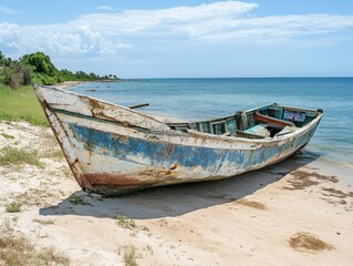 Naklejka na meble An old fisherman wrecked boat abandoned stand on beach. - ai