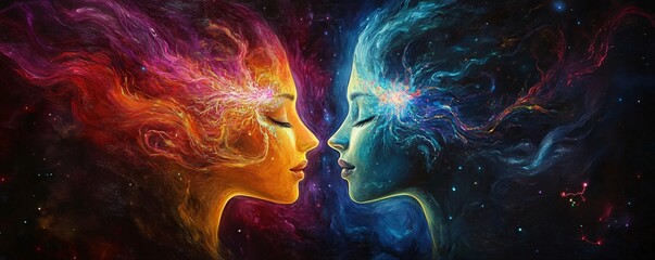 Poster - Abstract faces merge in a vibrant nebula, symbolizing the idea of cosmic affection