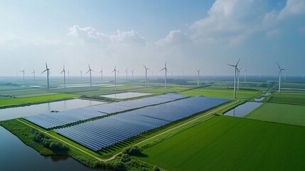 Poster - Aerial view of a field with wind turbines and solar panels generating clean energy