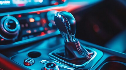 Aufkleber - Luxury car interior with modern automatic gear stick and blue neon light reflection on leather