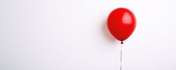 Poster - Lonely red balloon with a string is drifting against a white backdrop
