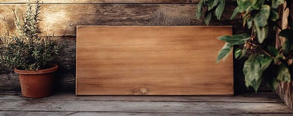 Poster - Rustic wood background with plants and an empty wooden sign for copy space