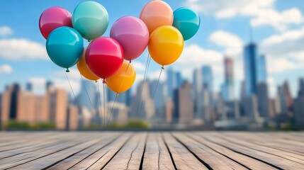 Poster - Colorful balloons floating over a wooden floor with new york city in the background, celebrating a special occasion