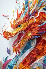 Poster - Captivating quilled paper dragon head artwork with intricate details and vibrant colors