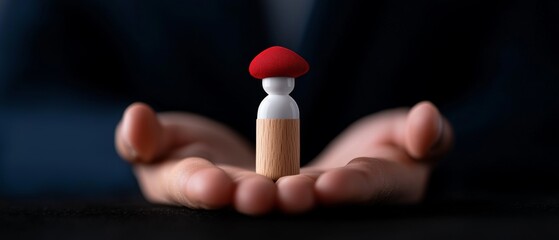 A hand holds a small, mushroom-shaped figurine made of wood and ceramic, symbolizing care and creativity in a minimalist setting.