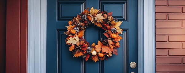 Aufkleber - Festive autumn wreath with pumpkins and fall foliage hanging on a blue front door