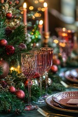 Poster - Elegant christmas table setting with pink glasses and candles glowing in the background