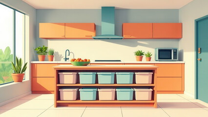 Poster - The kitchen features orange cabinetry a sleek countertop and a central island with colorful storage bins. Potted plants add a touch of greenery enhancing the welcoming atmosphere.