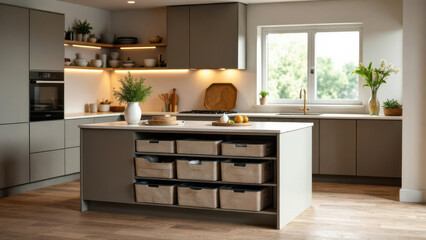 Poster - This cozy kitchen features minimalist cabinetry stylish decor and ample storage. Bright natural light fills the space highlighting the clean lines and inviting atmosphere.