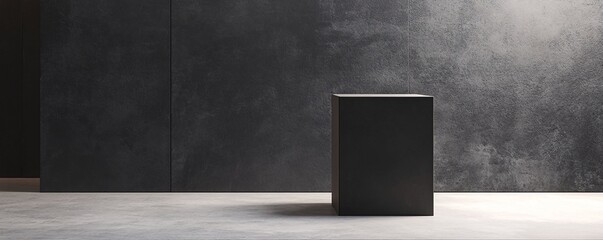 Poster - Simple interior with a black cube next to a blank concrete wall in a sunlit room