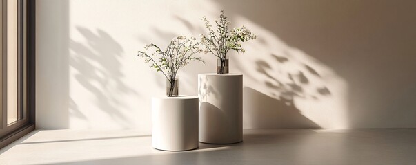 Poster - Minimalist interior with sunlit flowers in vases on white pedestals casting shadows
