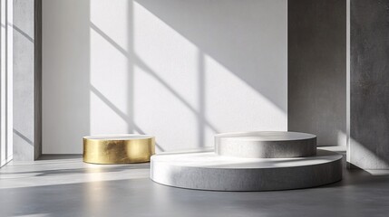 Poster - Minimal empty product podium stage display on concrete floor with natural sunlight for product presentation