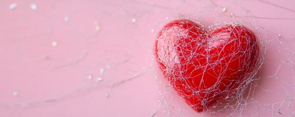 Poster - Valentine's day red heart with silver threads on pink background and glitter
