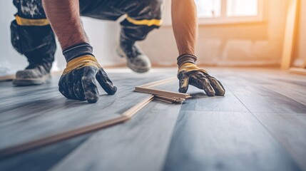 Aufkleber - Construction worker installs laminate flooring in a house undergoing renovations