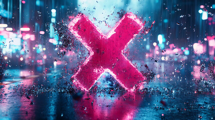 Wall Mural - Glowing Pink Neon X Symbol in a Rainy City at Night