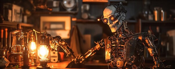 Aufkleber - steampunk automaton sits at its workbench, lighting a kerosene lamp in its workshop
