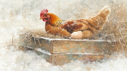 Hen brooding egg in snowy winter rustic crate