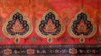 Poster - Close-up of a traditional indian paisley pattern with floral motifs on a red fabric, perfect for backgrounds and textures