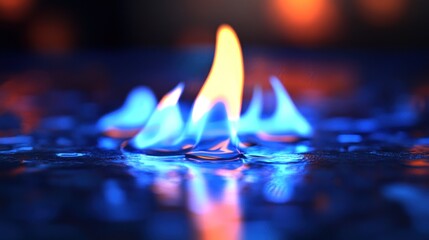 Wall Mural - Blue & orange flames burn on dark wet surface, bokeh background, energy concept