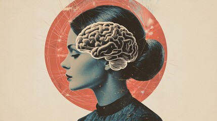 Poster - Woman thinking with brain exposed over red circle and network pattern