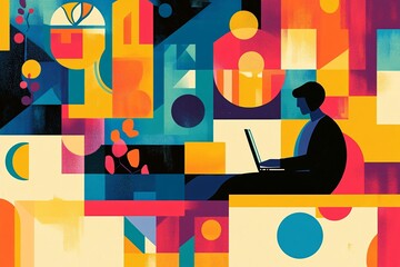 Aufkleber - Businessman working on laptop with abstract colorful geometric shapes