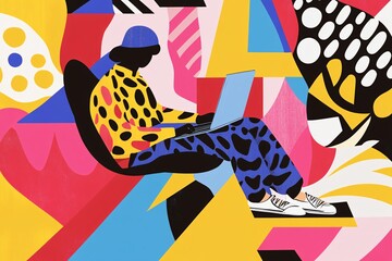 Aufkleber - Young freelancer working on laptop in coworking space with abstract geometric background illustration