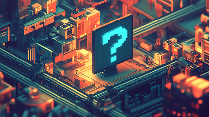 Wall Mural - Glowing Question Mark on Pixelated Circuit Board