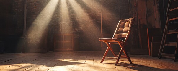 Poster - Old wooden chair illuminated by sunlight in a dusty attic