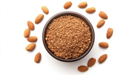 Poster - A bowl of almond butter with whole almonds around it on a white background, showcasing the creamy texture and nutty flavor of the spread.