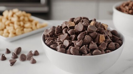 Poster - A bowl of chocolate chips and chunks on a white countertop, ready for baking or snacking, showcasing their versatile use in various recipes.