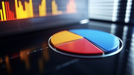 Poster - A close-up of a financial pie chart displayed on a computer screen, with segments highlighting different data categories, set in a modern office environment.