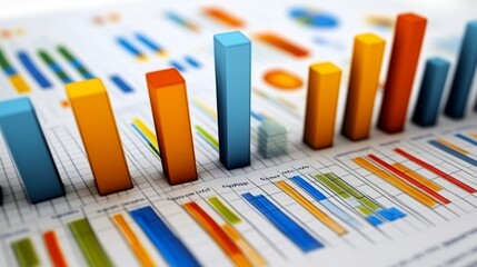 Poster - A close-up of a financial report with multiple bar charts and performance metrics, emphasizing detailed data analysis and business insights on a clean white desk.