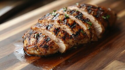 Wall Mural - A close-up of a grilled chicken leg being sliced, with juices and spices visible, showcasing the tenderness and flavor of the dish.