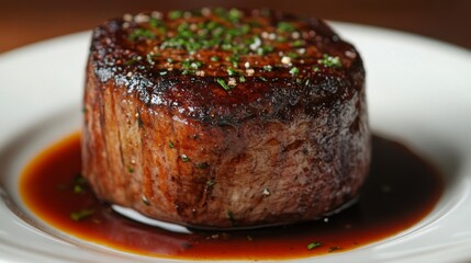 Wall Mural - A close-up of a juicy steak with a beautifully seared crust and tender interior, garnished with fresh herbs and accompanied by a rich sauce.