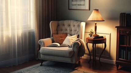Poster - A cozy living room corner with a reading nook, featuring a comfortable armchair, a side table with a lamp, and a stack of books, creating a perfect spot for relaxation.