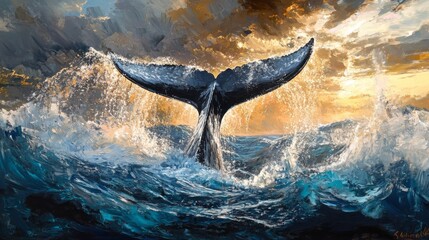 Aufkleber - A dramatic image of a whale tail slapping the waters surface, creating large splashes and ripples in the ocean, with a lively marine backdrop.