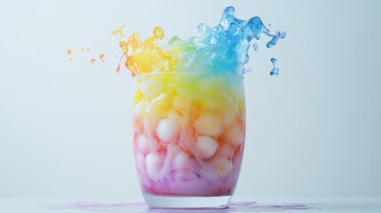 Leinwandbilder - A freshly made bubble tea with a swirl of colorful fruit flavors and chewy tapioca pearls, placed on a white surface, emphasizing the drinks vibrant and appealing appearance.
