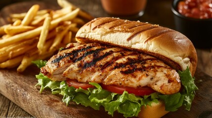 Wall Mural - A grilled chicken sandwich with fresh lettuce, tomatoes, and condiments, presented on a wooden board with a side of crispy fries, highlighting a tasty meal option.